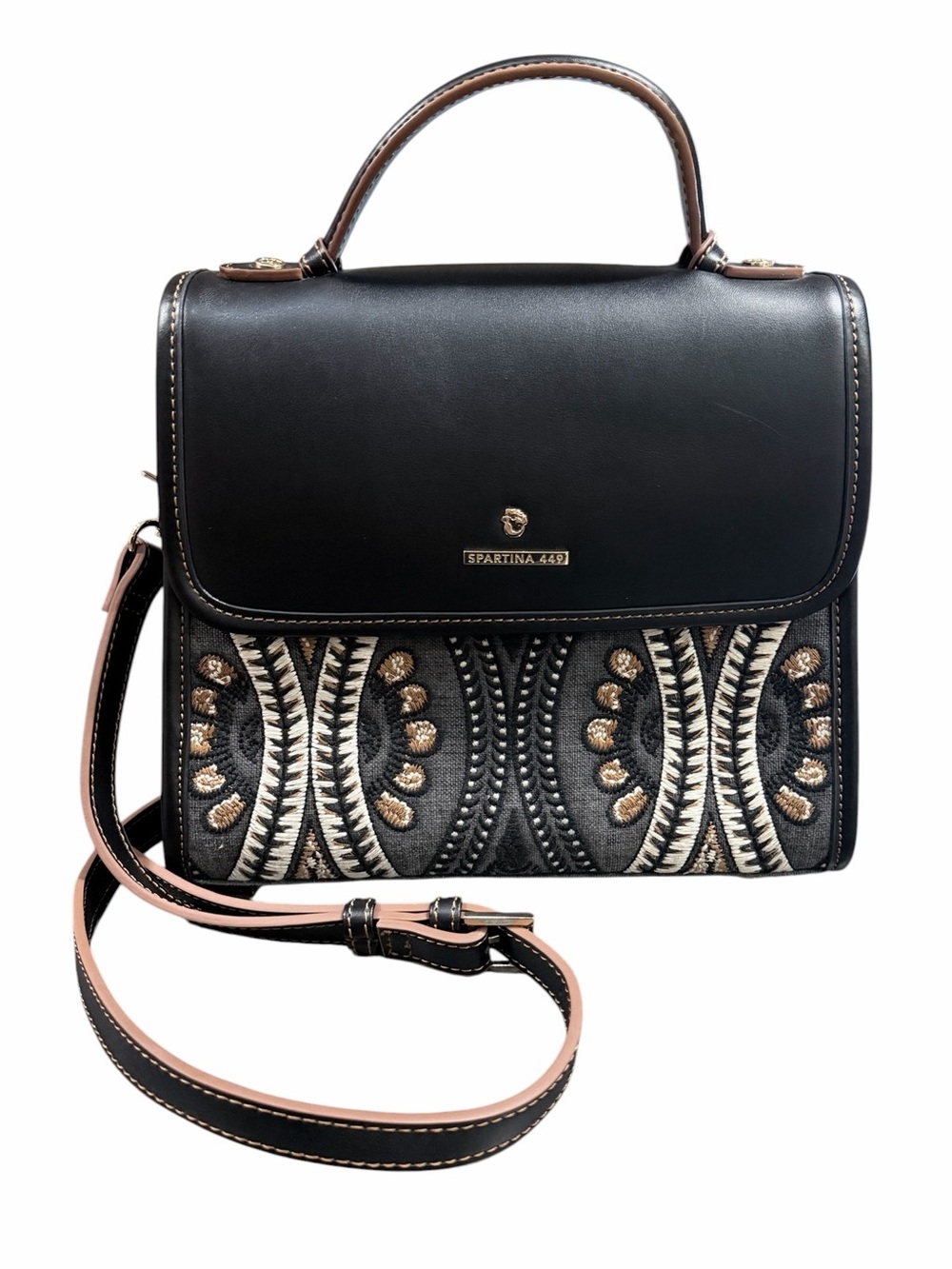 Spartina 449 Sylvie Satchel Proprietors Teapot Tapestry Leather Black Gray Tan